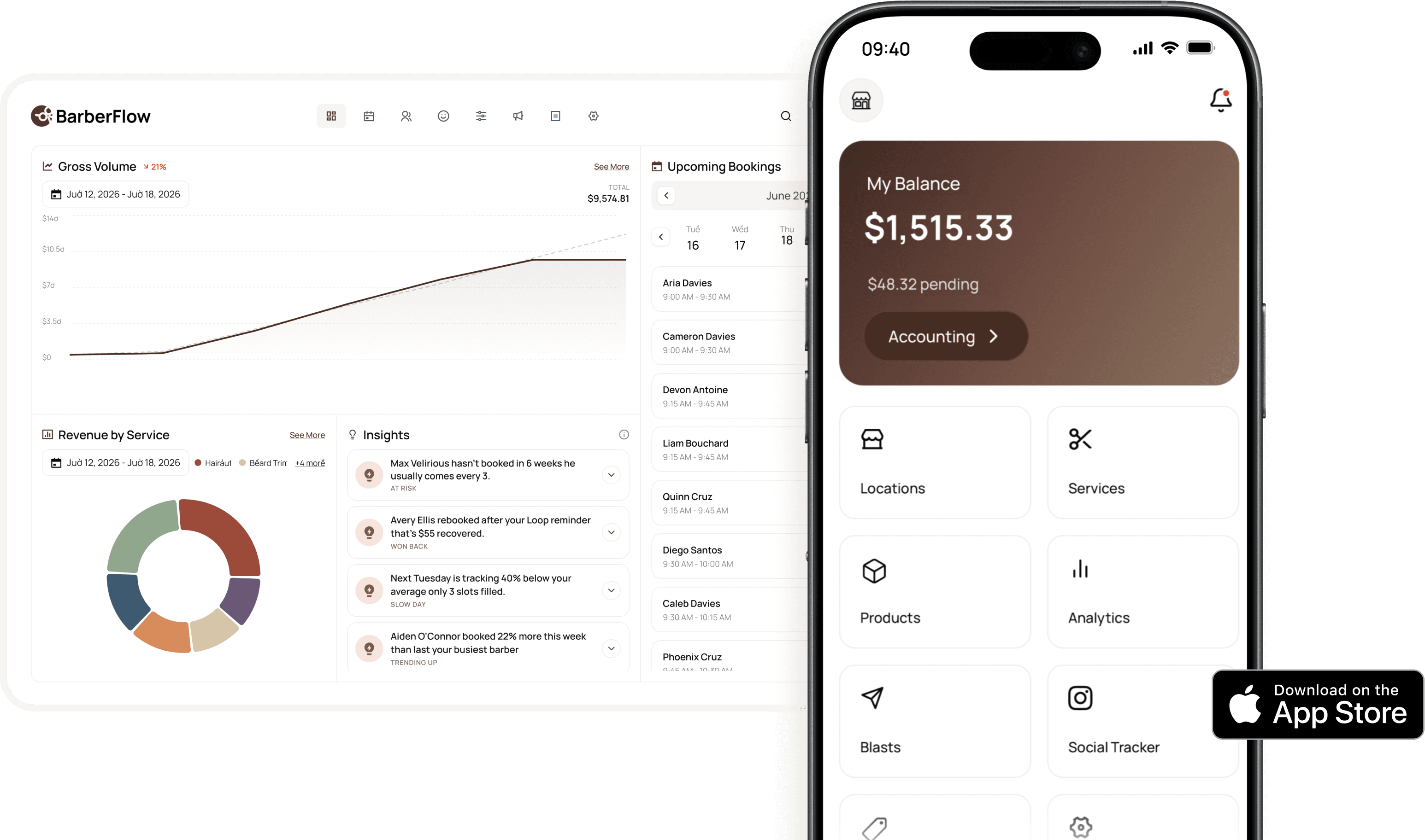 BarberFlow dashboard and mobile app — booking system for Canadian barbershops